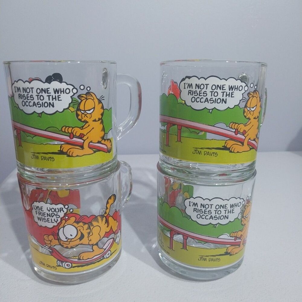 Vintage 1987 McDonald's Garfield Glass Coffee Mug Set of 4 Jim Davis Collectible